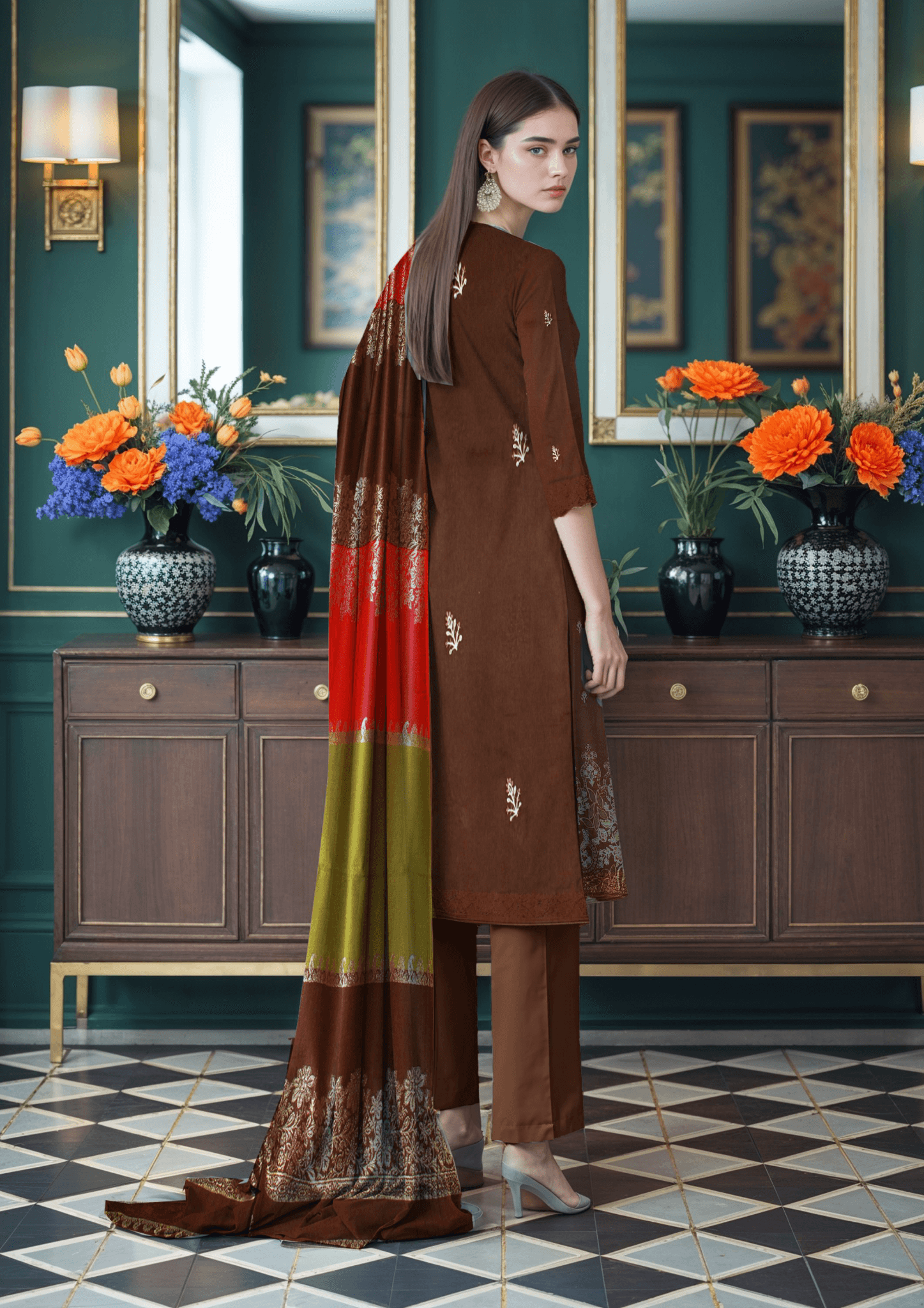 Dark Brown Dhanak Lazer Cut Front with 3D Shawl