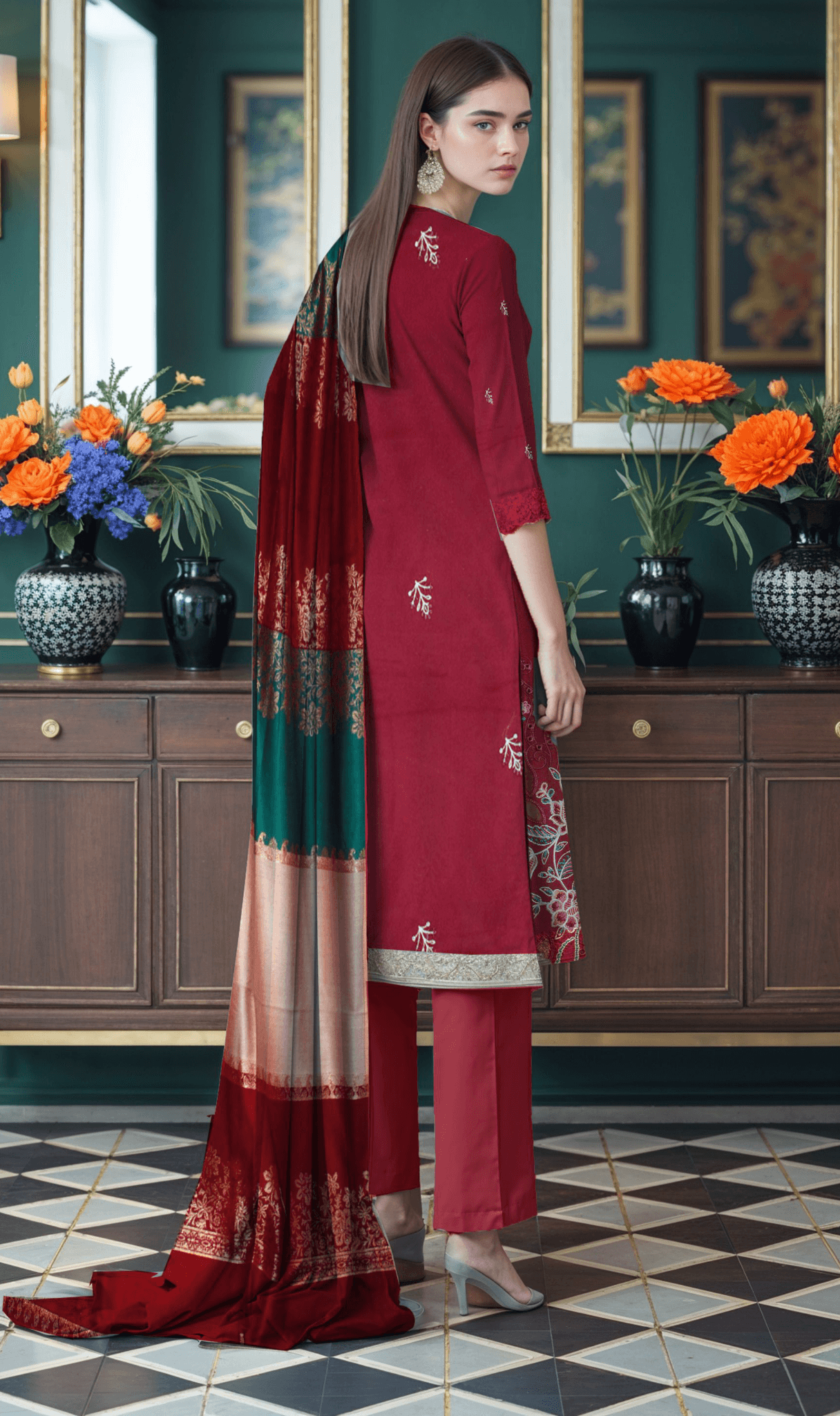 Red Dhanak Lazer Cut Front with 3D Shawl