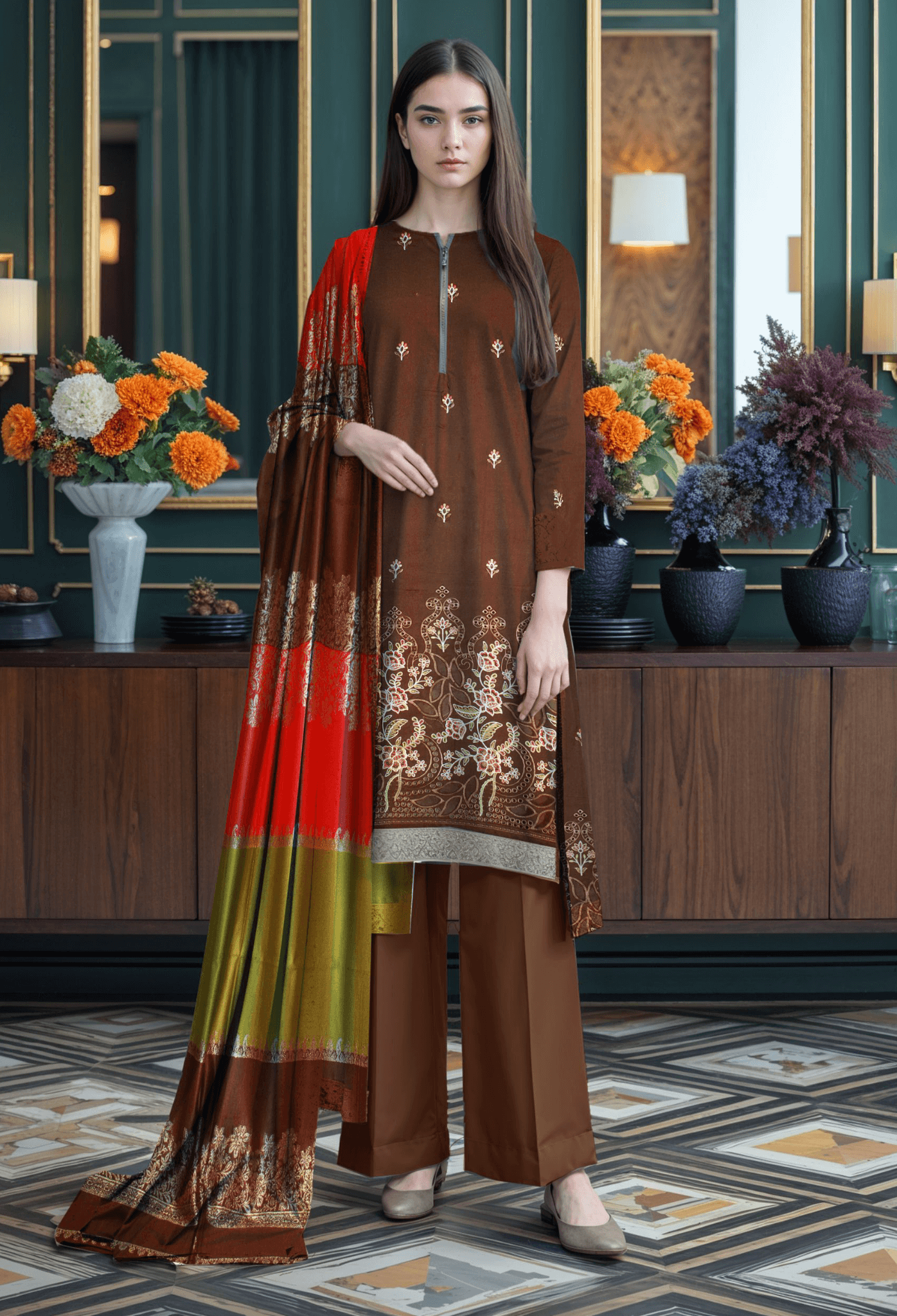 Dark Brown Dhanak Lazer Cut Front with 3D Shawl