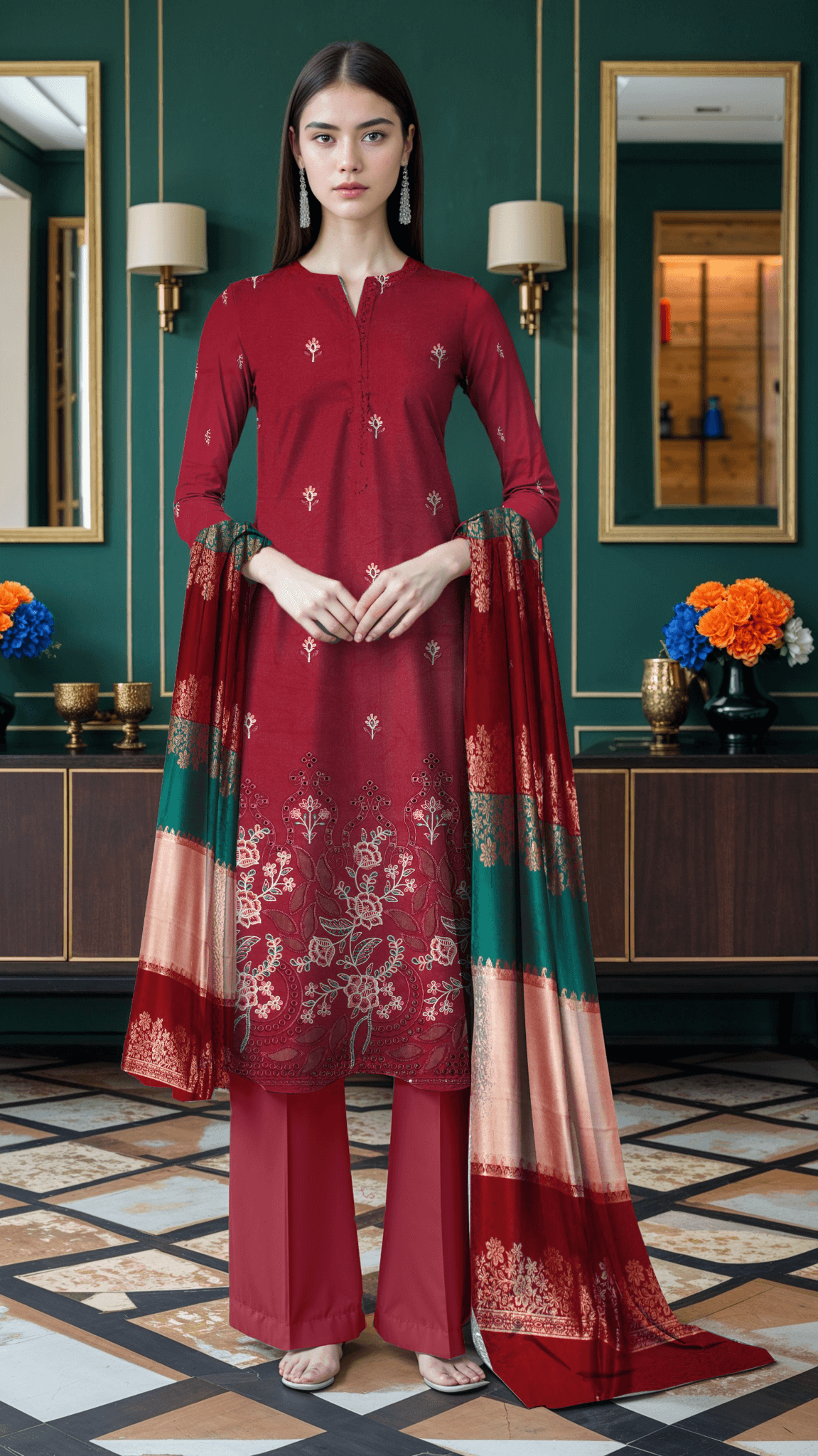 Red Dhanak Lazer Cut Front with 3D Shawl