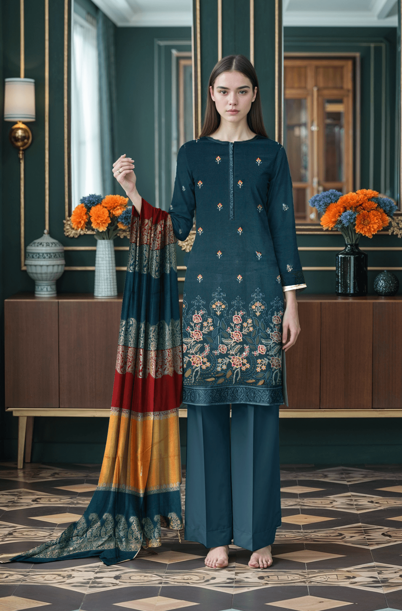 Teal Blue Dhanak Lazer Cut Front with 3D Shawl