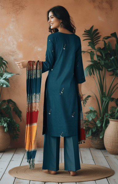 Deep Teal Dhanak 2 head sequence embroidery front