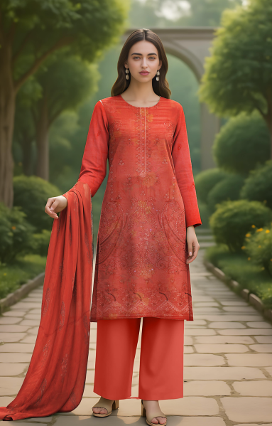 Linen 3 Piece – Dual Head Embroidery & Bamber Dupatta