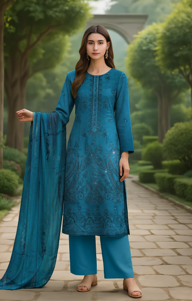 Linen 3 Piece – Dual Head Embroidery & Bamber Dupatta