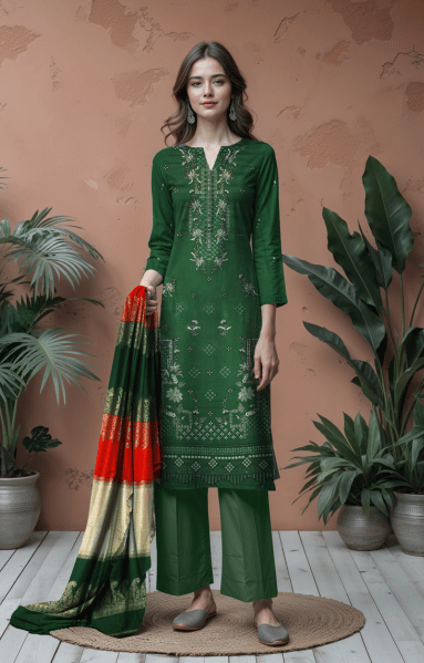 Green Dhanak 2 head sequence embroidery front