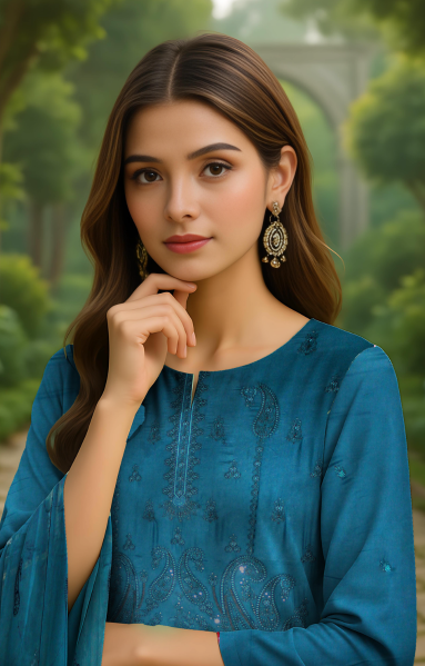 Linen 3 Piece – Dual Head Embroidery & Bamber Dupatta