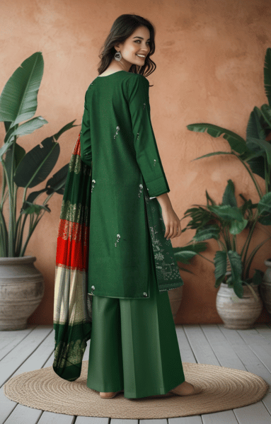 Green Dhanak 2 head sequence embroidery front
