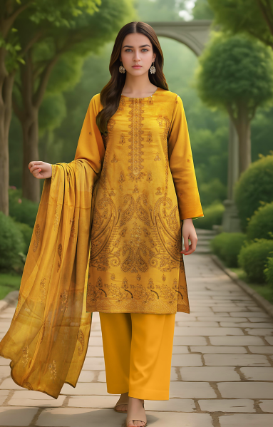 Linen 3 Piece – Dual Head Embroidery & Bamber Dupatta
