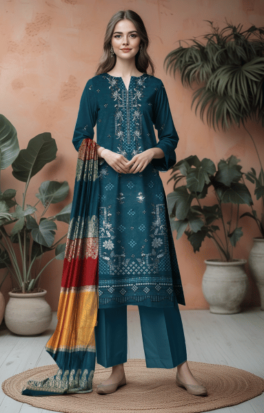 Deep Teal Dhanak 2 head sequence embroidery front