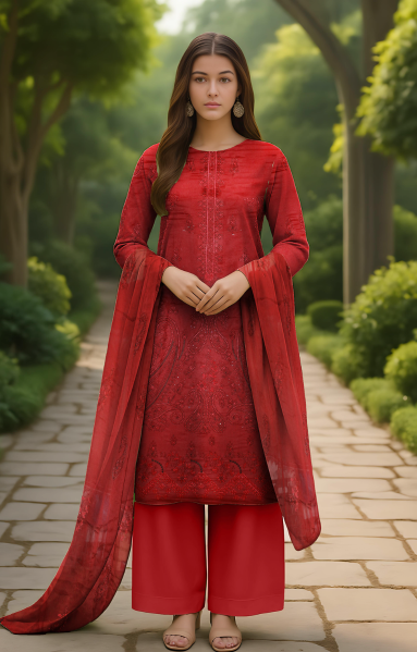 Linen 3 Piece – Dual Head Embroidery & Bamber Dupatta