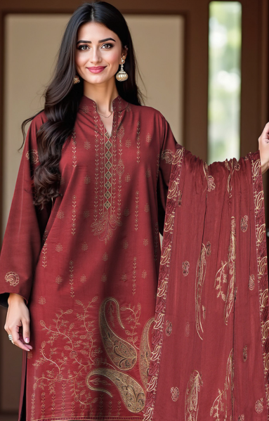 2-Head Embroidered Linen with 4-Side Lace Dupatta