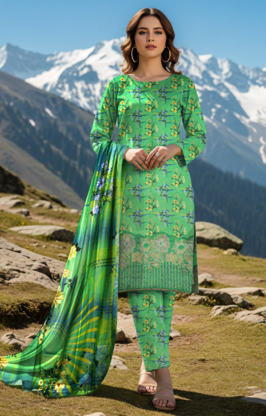 3 Piece Digital Linen Embroidered Suit