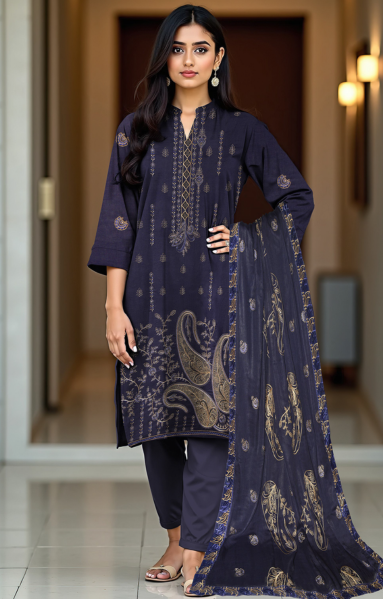 2-Head Embroidered Linen with 4-Side Lace Dupatta