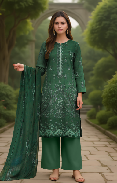 Linen 3 Piece – Dual Head Embroidery & Bamber Dupatta