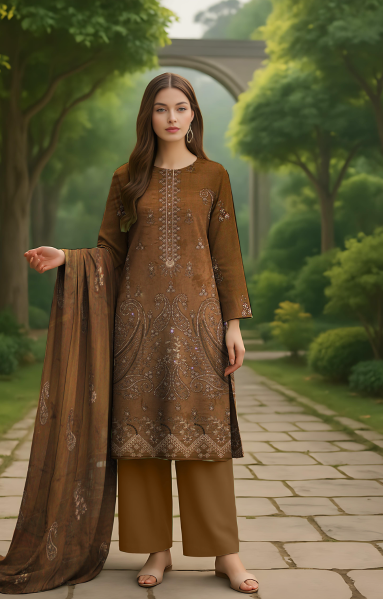 Linen 3 Piece – Dual Head Embroidery & Bamber Dupatta