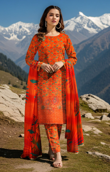 3 Piece Digital Linen Embroidered Suit