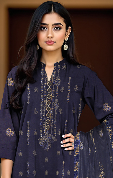 2-Head Embroidered Linen with 4-Side Lace Dupatta
