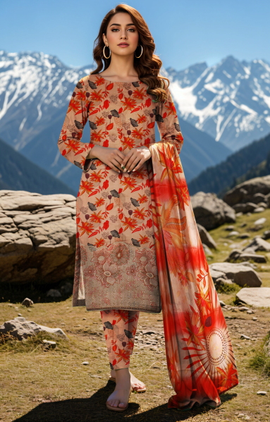 3 Piece Digital Linen Embroidered Suit
