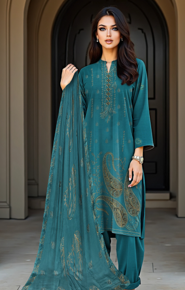 2-Head Embroidered Linen with 4-Side Lace Dupatta