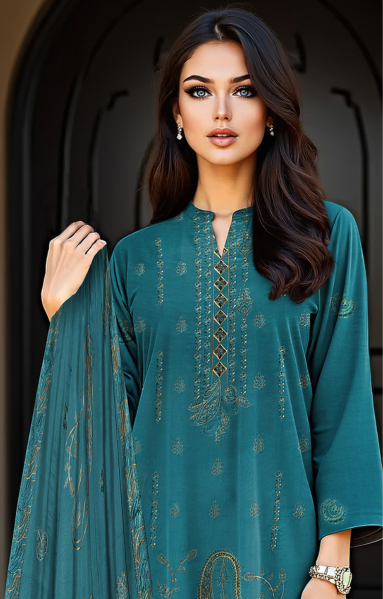 2-Head Embroidered Linen with 4-Side Lace Dupatta