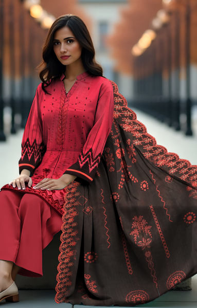 Lawn 3-Piece Printed Suit - Ruby Red