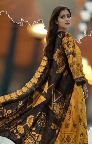 Lawn 3-Piece Printed Suit - Mustard Yellow