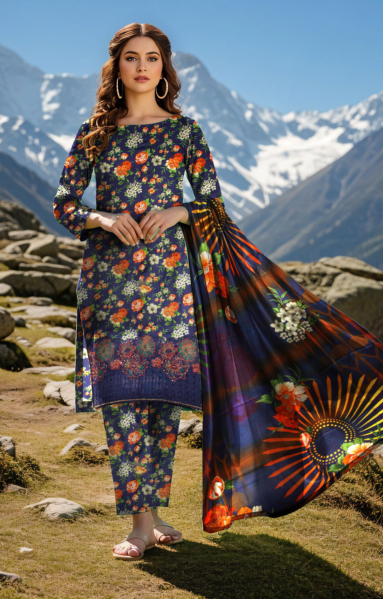 3 Piece Digital Linen Embroidered Suit