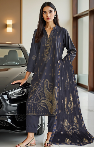 2-Head Embroidered Linen with 4-Side Lace Dupatta