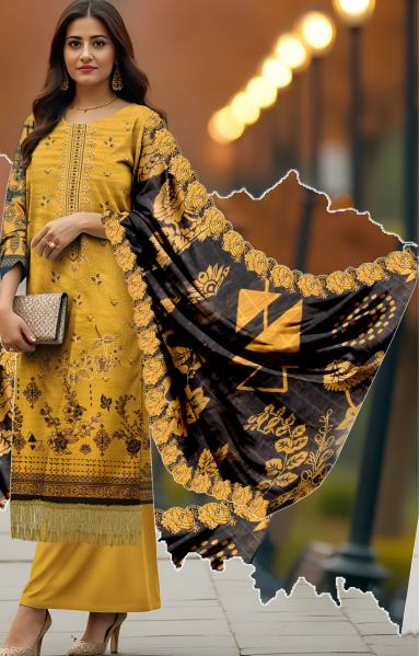 Lawn 3-Piece Printed Suit - Mustard Yellow