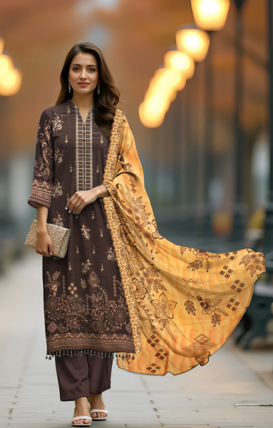 Lawn 3-Piece Printed Suit - Dark Brown