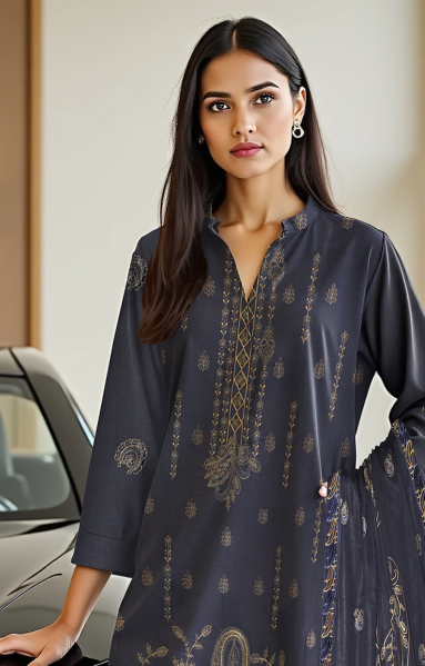 2-Head Embroidered Linen with 4-Side Lace Dupatta