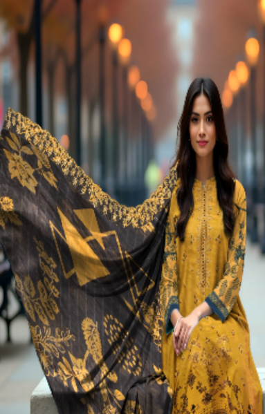 Lawn 3-Piece Printed Suit - Mustard Yellow