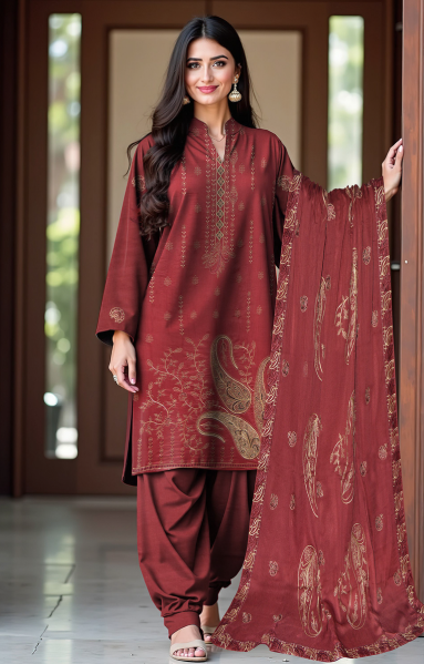 2-Head Embroidered Linen with 4-Side Lace Dupatta
