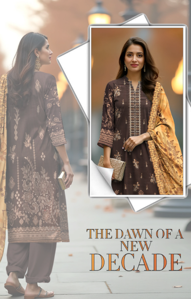 Lawn 3-Piece Printed Suit - Dark Brown