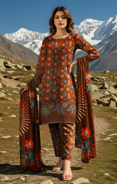 3 Piece Digital Linen Embroidered Suit