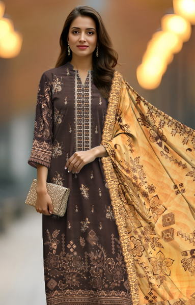 Lawn 3-Piece Printed Suit - Dark Brown