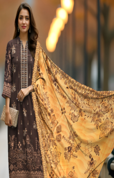 Lawn 3-Piece Printed Suit - Dark Brown