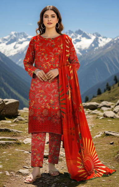 3 Piece Digital Linen Embroidered Suit