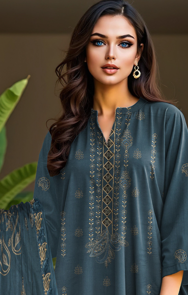 2-Head Embroidered Linen with 4-Side Lace Dupatta