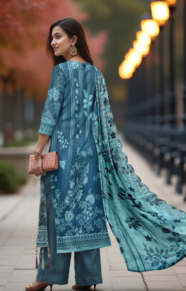 Lawn 3-Piece Printed Suit - Steel Blue