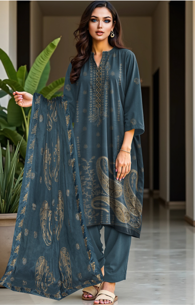 2-Head Embroidered Linen with 4-Side Lace Dupatta