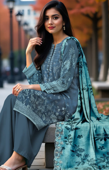 Lawn 3-Piece Printed Suit - Steel Blue