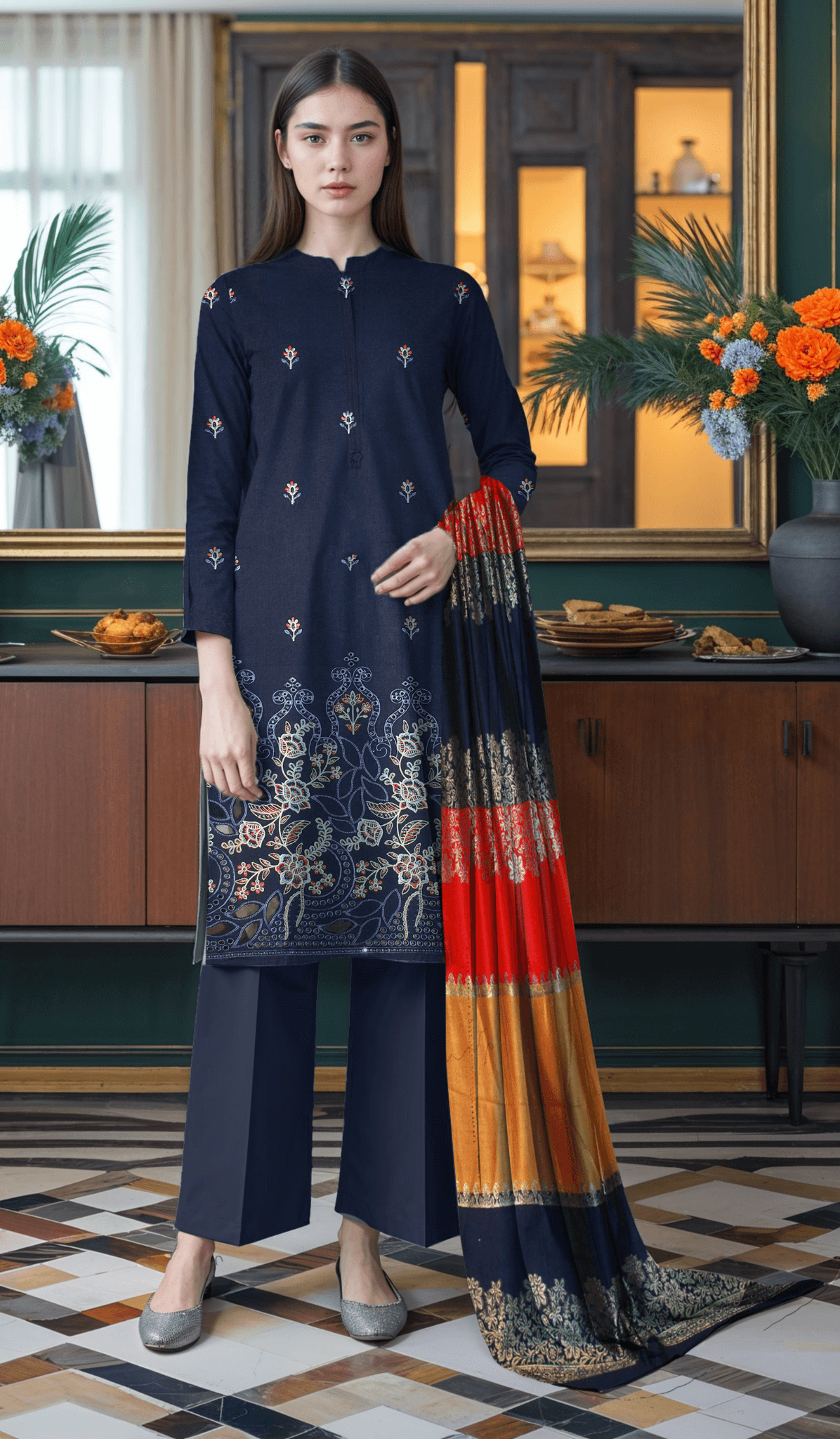 Deep Navy Dhanak Lazer Cut Front with 3D Shawl