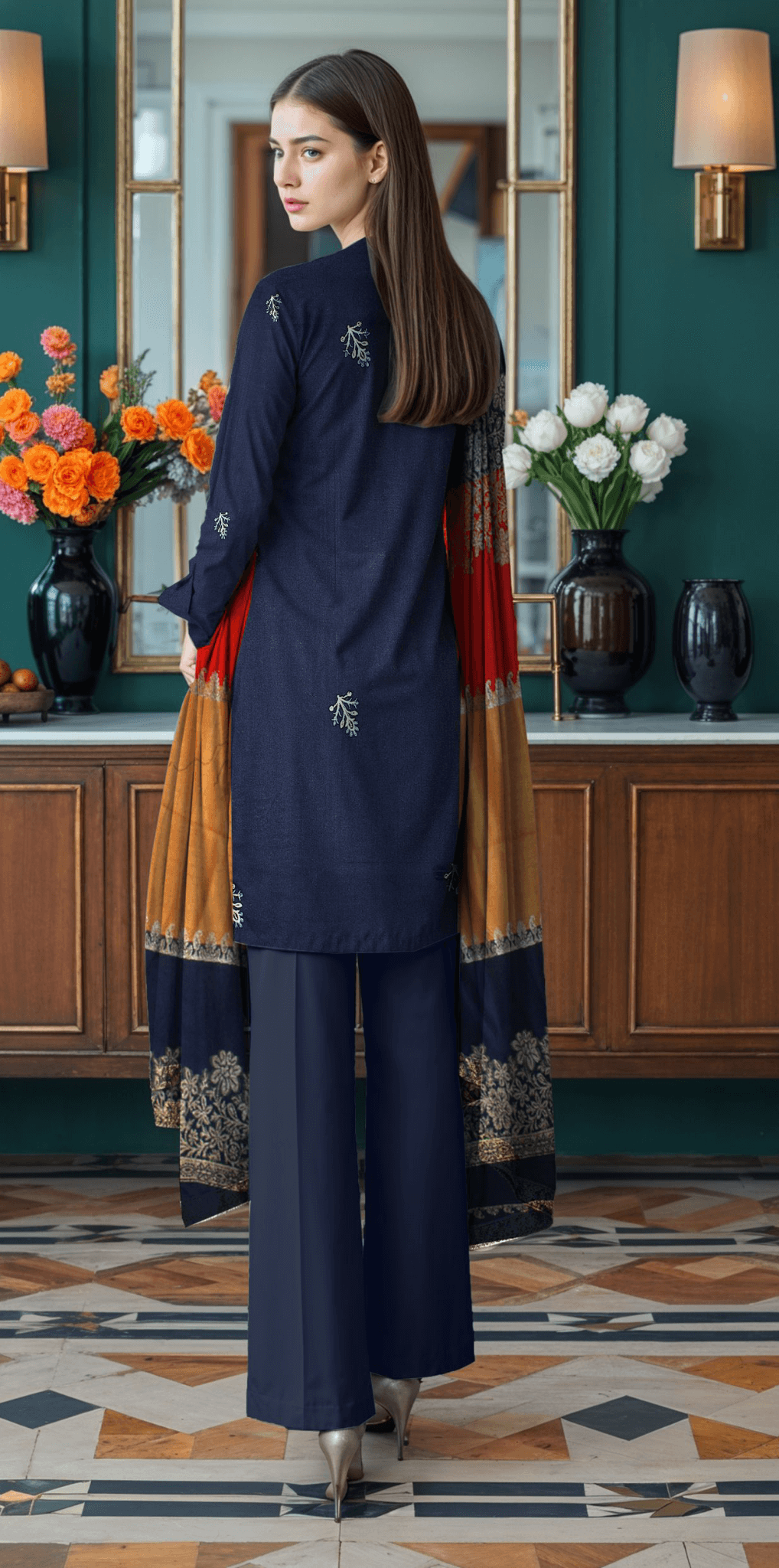 Deep Navy Dhanak Lazer Cut Front with 3D Shawl