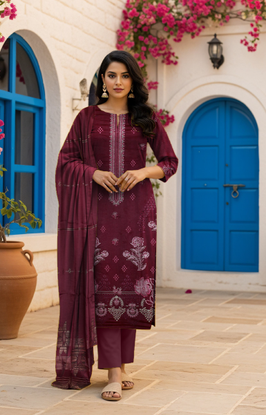 Wine Petals – Rich Maroon Viscose Ensemble