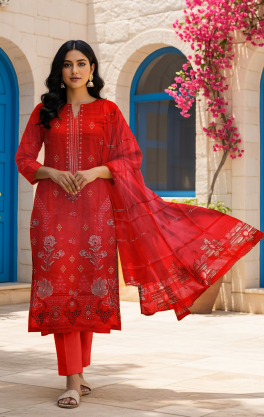 Scarlet Bloom – Vibrant Red Viscose Set